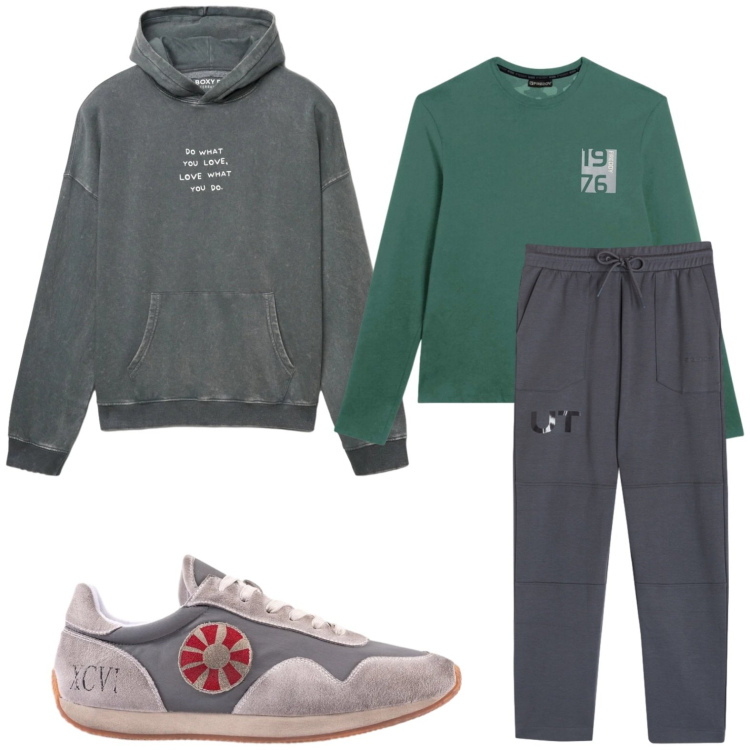Outfit uomo - Sportivo. Stile Casual per Tutti i giorni. Abbinamento con felpe con cappuccio, pantaloni, t-shirt, sneakers.