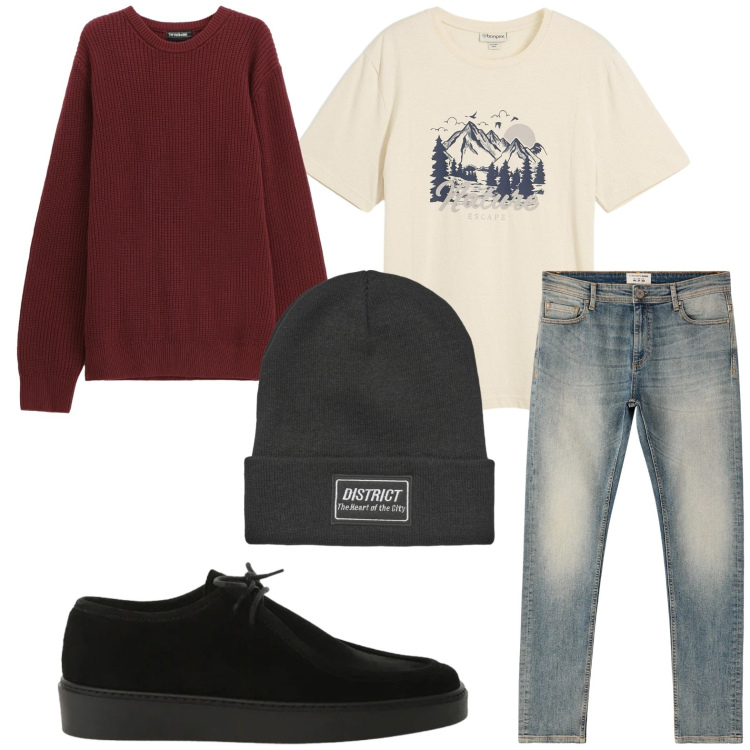 Outfit uomo - Casual. Stile Casual per Tutti i giorni. Abbinamento con t-shirt, maglieria, scarpe stringate, berretti, jeans skinny.
