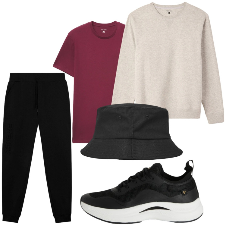 Outfit uomo - Sportivo. Stile Casual per Tutti i giorni. Abbinamento con cappelli con visiera, felpe, t-shirt, sneakers, pantaloni.
