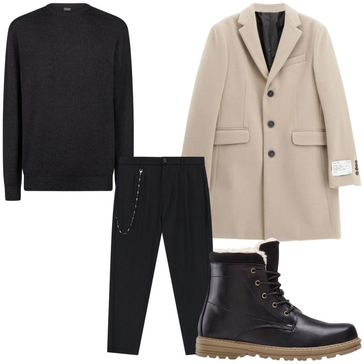 Outfit uomo - Il cappotto cammello. Stile Casual per Tutti i giorni. Abbinamento con stivali e stivaletti, cappotti, pantaloni, maglieria.