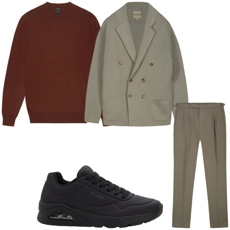 Outfit uomo - Elegante casual. Stile Casual per Tutti i giorni. Abbinamento con sneakers, cardigans, maglieria, pantaloni.