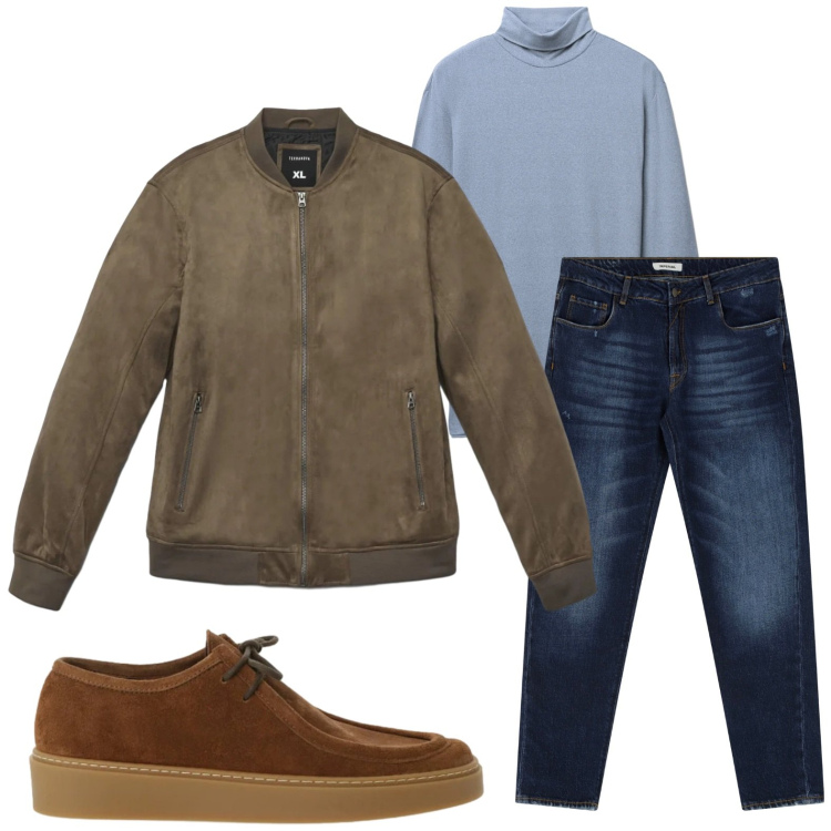 Outfit uomo - Jeans e camoscio. Stile Casual per Tutti i giorni. Abbinamento con giacche, t-shirt, jeans dritti, scarpe stringate.