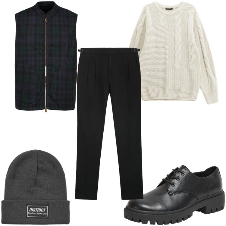 Outfit uomo - Total look #2345275. Stile Casual per Tutti i giorni. Abbinamento con maglieria, scarpe stringate, berretti, piumini, pantaloni.