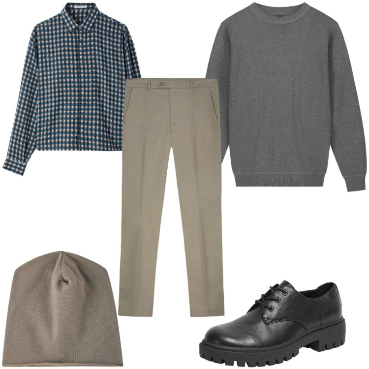 Outfit uomo - Total look #2345276. Stile Casual per Tutti i giorni. Abbinamento con scarpe stringate, camicie, berretti, maglieria, pantaloni chino.