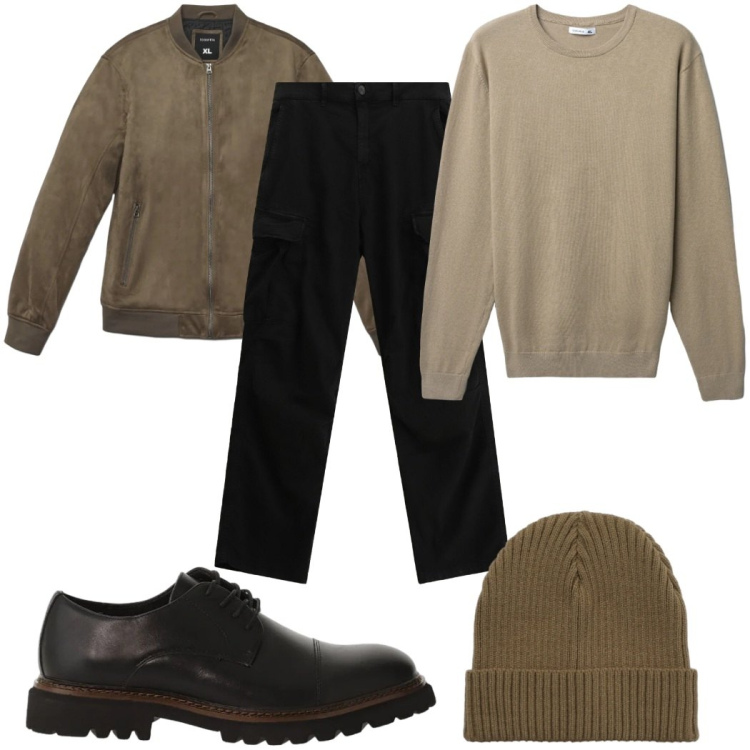 Outfit uomo - Total look #2345277. Stile Casual per Tutti i giorni. Abbinamento con giacche, maglieria, berretti, pantaloni cargo, scarpe stringate.