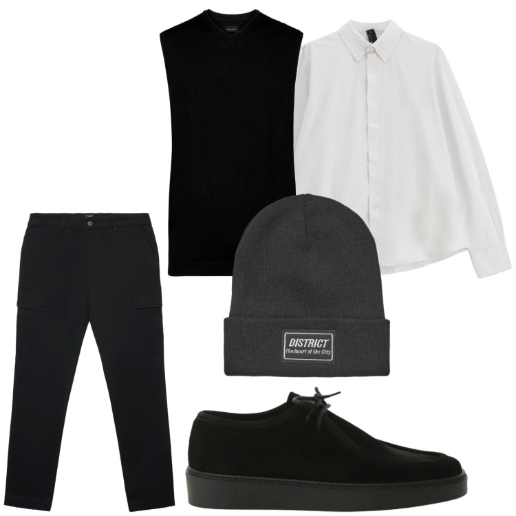 Outfit uomo - Colori scuri. Stile Casual per Tutti i giorni. Abbinamento con camicie, scarpe stringate, berretti, pantaloni cargo, gilet.