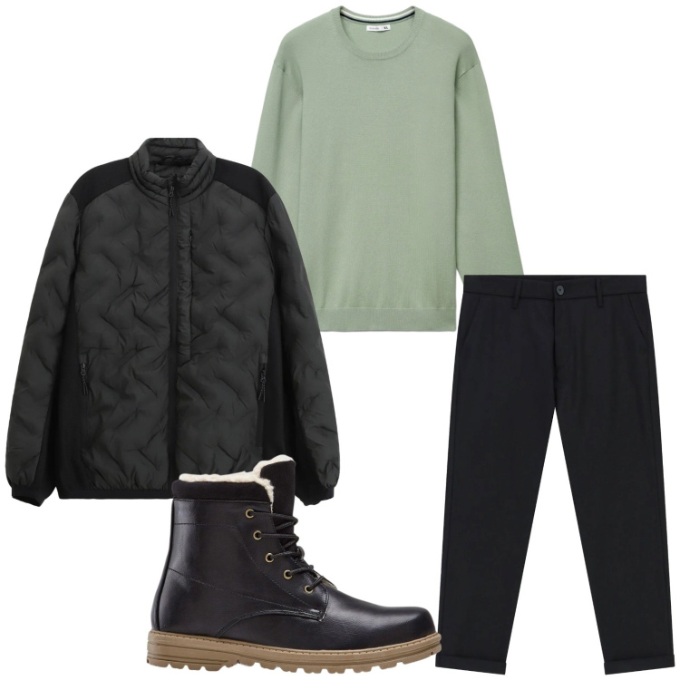 Outfit uomo - Nero e verde. Stile Trendy per Tutti i giorni. Abbinamento con stivali e stivaletti, maglieria, pantaloni, giacche.