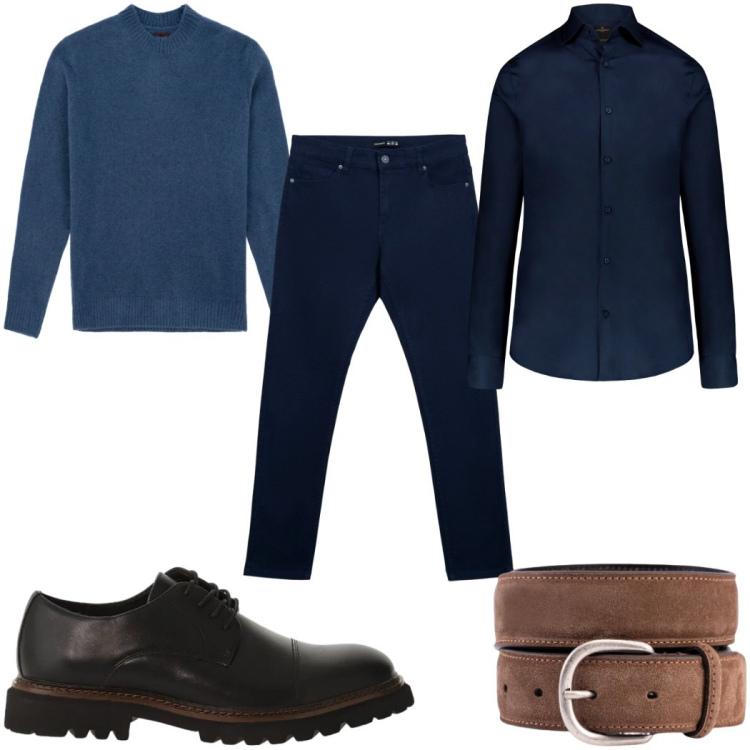 Outfit uomo - Total look #2345280. Stile Casual per Tutti i giorni. Abbinamento con scarpe stringate, pantaloni skinny, camicie, maglieria, cinture.