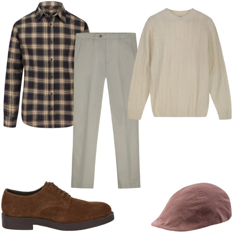 Outfit uomo - Total look #2345286. Stile Casual per Tutti i giorni. Abbinamento con camicie, scarpe stringate, cappelli con visiera, maglieria, pantaloni chino.