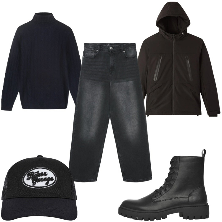 Outfit uomo - Total look #2345288. Stile Biker Rock per Tutti i giorni. Abbinamento con cappelli, anfibi, giacche, jeans, maglieria.