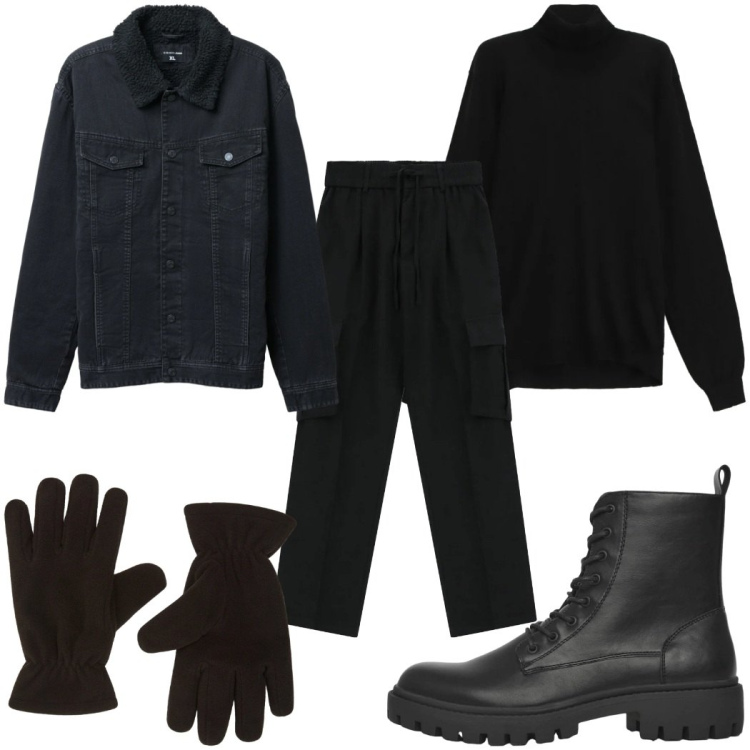 Outfit uomo - Total look #2345289. Stile Biker Rock per Tutti i giorni. Abbinamento con maglieria, pantaloni cargo, anfibi, guanti, giacche.