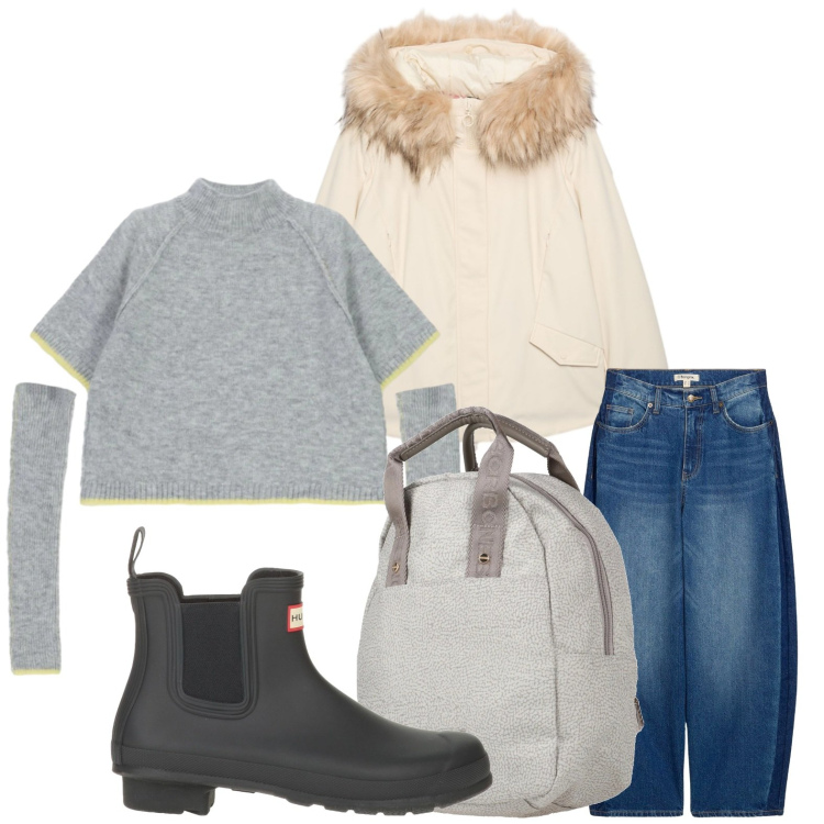 Outfit donna - Un tocco di luce d’inverno - Focus Donna. Stile Minimal per Tutti i giorni. Abbinamento con stivaletti, zaini, jeans, piumini, maglieria.