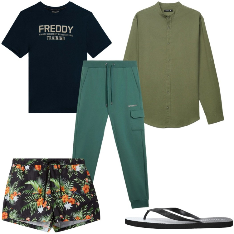 Outfit uomo - Total look #2345292. Stile Trendy per Mare. Abbinamento con sandali, costumi, camicie, pantaloni cargo, t-shirt.