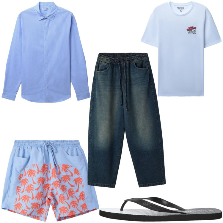 Outfit uomo - Total look #2345294. Stile Trendy per Mare. Abbinamento con sandali, camicie, costumi, jeans, t-shirt.