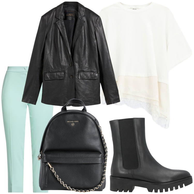 Outfit donna - Un tocco di luce d’inverno - Focus Donna. Stile Minimal per Tutti i giorni. Abbinamento con stivaletti chelsea, zaini, pantaloni, blazer, t-shirt.