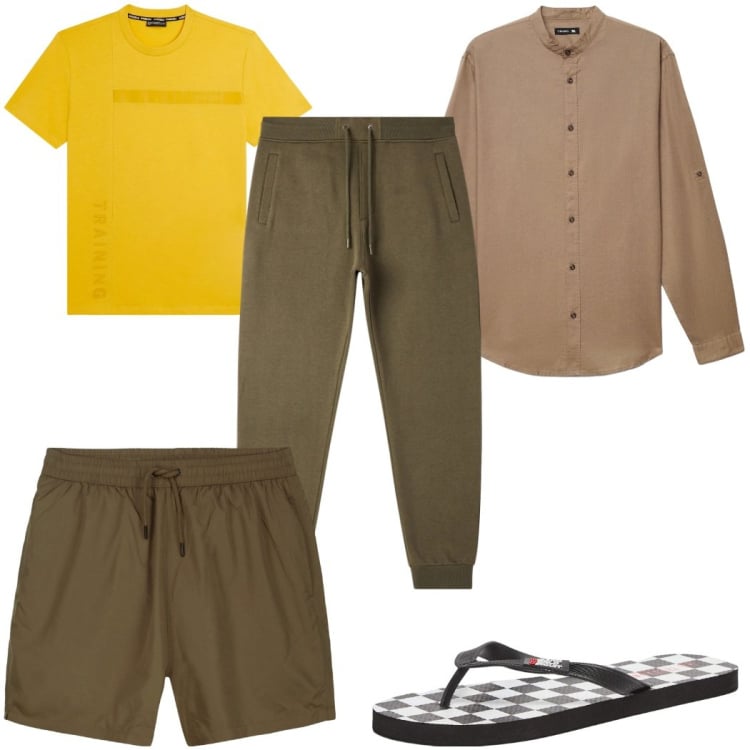 Outfit uomo - Total look #2345296. Stile Trendy per Mare. Abbinamento con sandali, pantaloni, camicie, t-shirt, costumi.