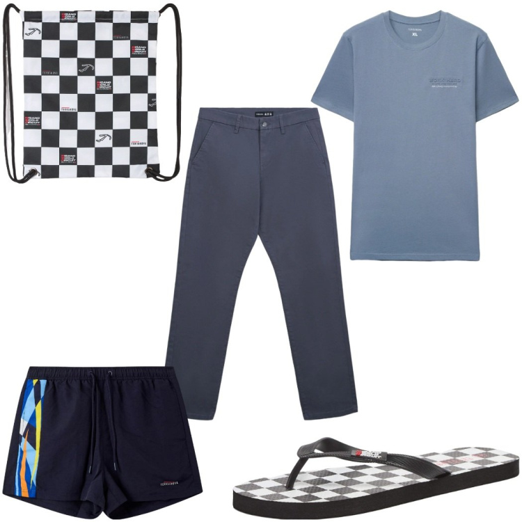 Outfit uomo - Total look #2345298. Stile Trendy per Mare. Abbinamento con borse sportive, sandali, costumi, pantaloni chino, t-shirt.