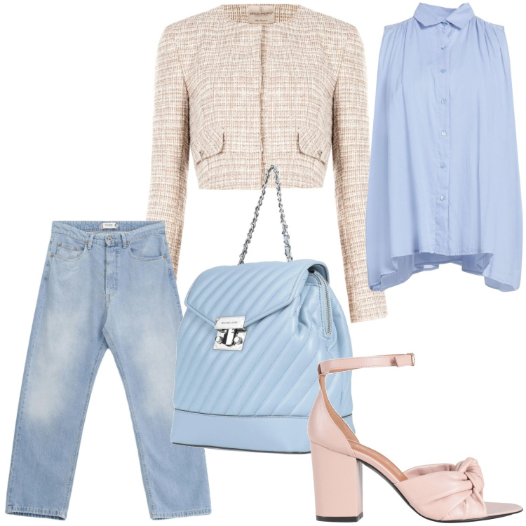 Outfit donna - Febbraio in tonalità soft - Focus Donna. Stile Minimal per Tutti i giorni. Abbinamento con zaini, camicie, sandali in pelle, jeans, blazer.