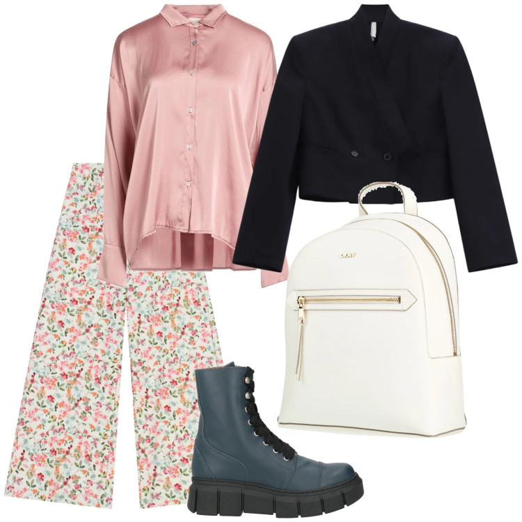 Outfit donna - Febbraio in tonalità soft - Focus Donna. Stile Minimal per Tutti i giorni. Abbinamento con stivaletti, camicie, zaini, pantaloni a palazzo, blazer.