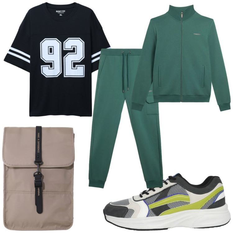 Outfit uomo - Total look #2345314. Stile Trendy per Sport. Abbinamento con borse sportive, t-shirt sportive, sneakers, pantaloni cargo, felpe.