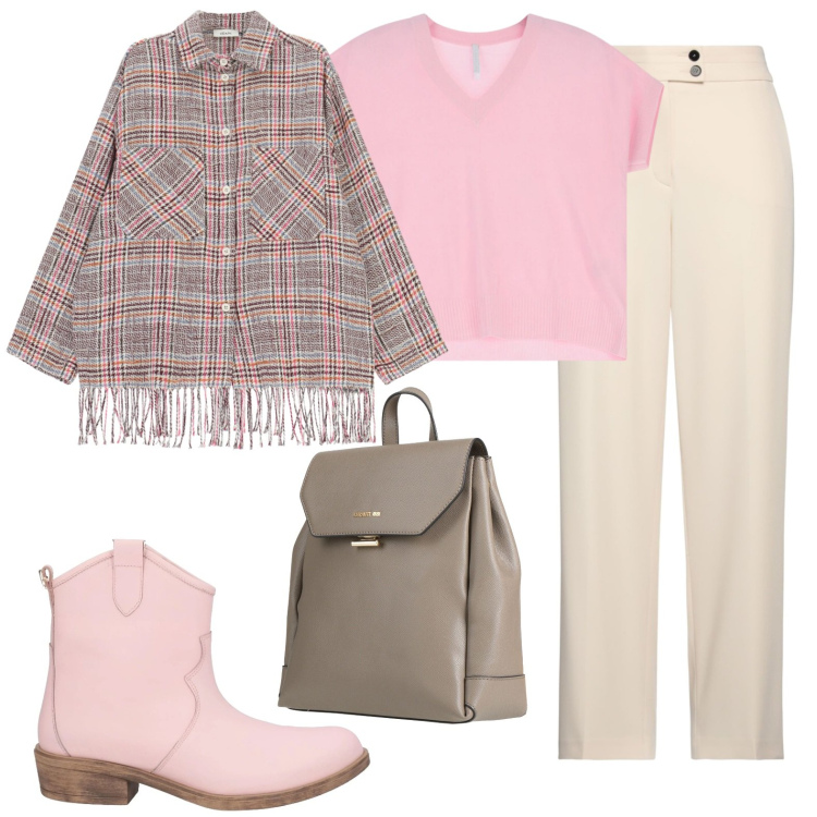 Outfit donna - Rosa curvy. Stile Trendy per Scuola/Università. Abbinamento con zaini, pantaloni, stivaletti texani, t-shirt, camicie.