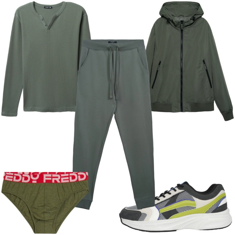 Outfit uomo - Total look #2345319. Stile Trendy per Sport. Abbinamento con t-shirt, sneakers, giacche sportive, pantaloni, slip.