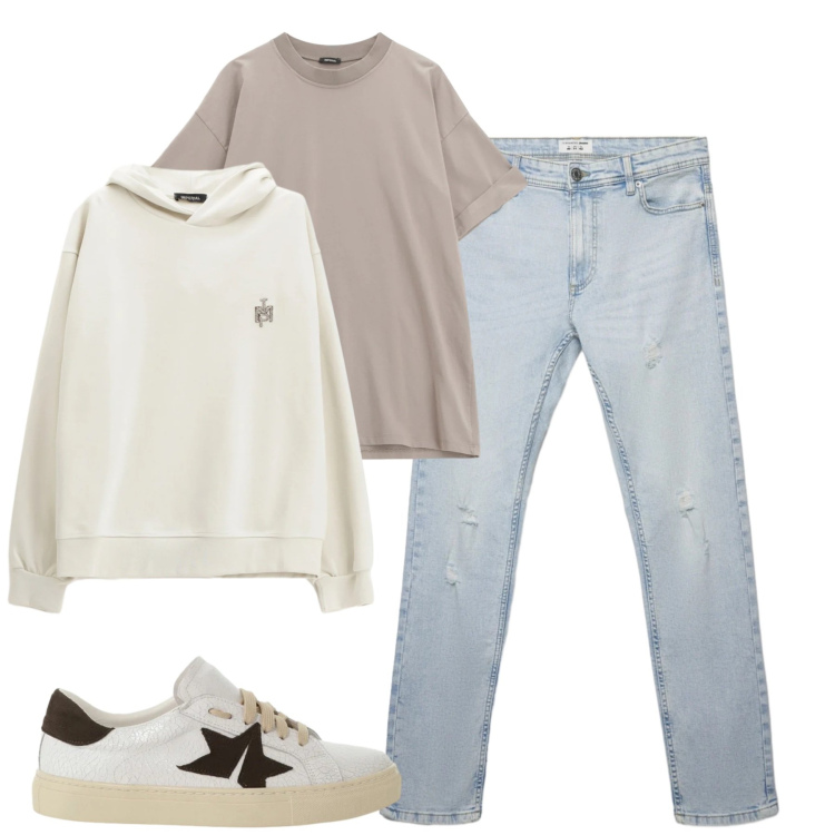 Outfit uomo - Total look #2345321. Stile Casual per Tutti i giorni. Abbinamento con t-shirt, felpe con cappuccio, sneakers, jeans strappati.