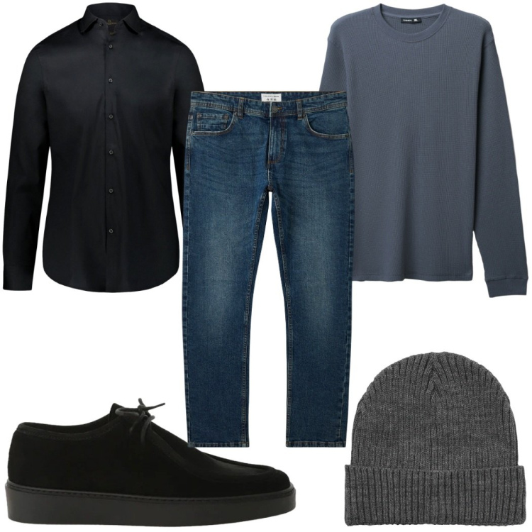 Outfit uomo - Total look #2345326. Stile Casual per Tutti i giorni. Abbinamento con scarpe stringate, jeans, berretti, maglieria, camicie.