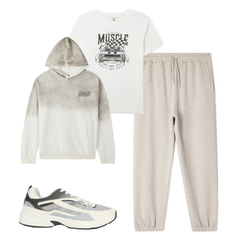 Outfit uomo - Total look #2345327. Stile Casual per Tutti i giorni. Abbinamento con t-shirt, felpe con cappuccio, sneakers, pantaloni.