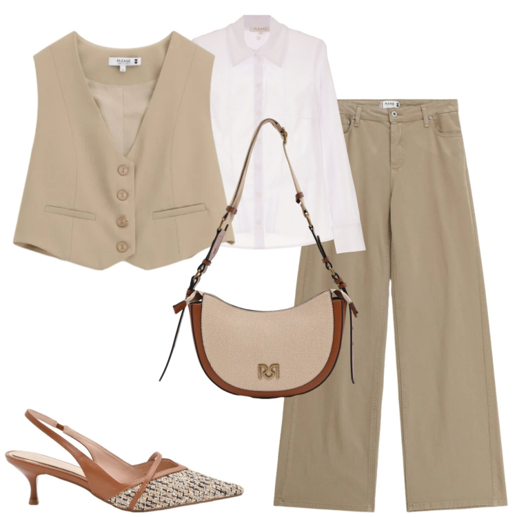 Outfit donna - City. Stile Urban per Tutti i giorni. Abbinamento con pantaloni, camicie, gilet, borse a tracolla, décolleté.