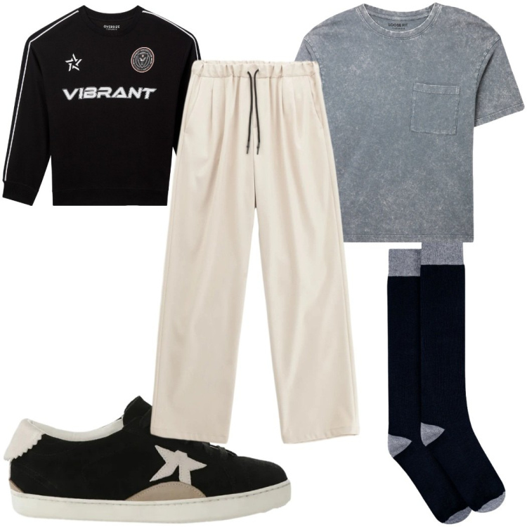 Outfit uomo - Total look #2345331. Stile Trendy per Sport. Abbinamento con t-shirt, felpe sportive, sneakers, pantaloni, calzini.