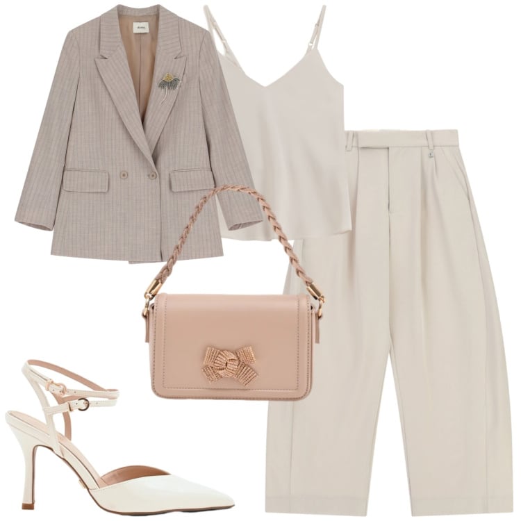 Outfit donna - City. Stile Urban per Tutti i giorni. Abbinamento con décolleté, pochette, blazer, pantaloni a palazzo, top.