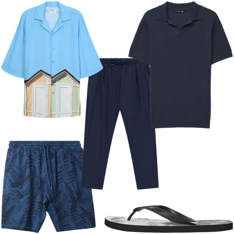 Outfit uomo - Total look #2345343. Stile Trendy per Mare. Abbinamento con pantaloni, sandali, costumi, polo, camicie a manica corta.