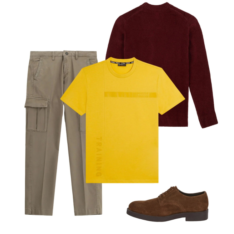 Outfit uomo - Febbraio. Stile Casual per Tutti i giorni. Abbinamento con pantaloni cargo, t-shirt, scarpe stringate, maglieria.