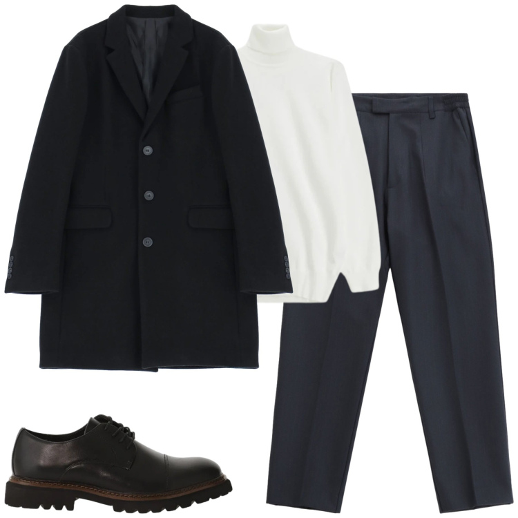 Outfit uomo - Febbraio. Stile Urban per Tutti i giorni. Abbinamento con pantaloni, cappotti, maglieria, scarpe stringate.