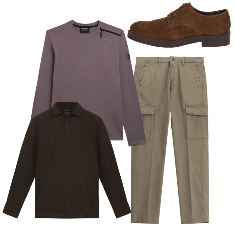 Outfit uomo - Total look #2345347. Stile Casual per Tutti i giorni. Abbinamento con pantaloni cargo, t-shirt, scarpe stringate, polo.