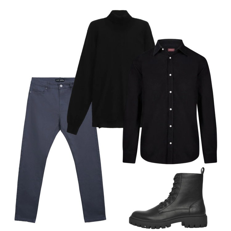 Outfit uomo - Febbraio. Stile Casual per Tutti i giorni. Abbinamento con anfibi, pantaloni skinny, maglieria, camicie.