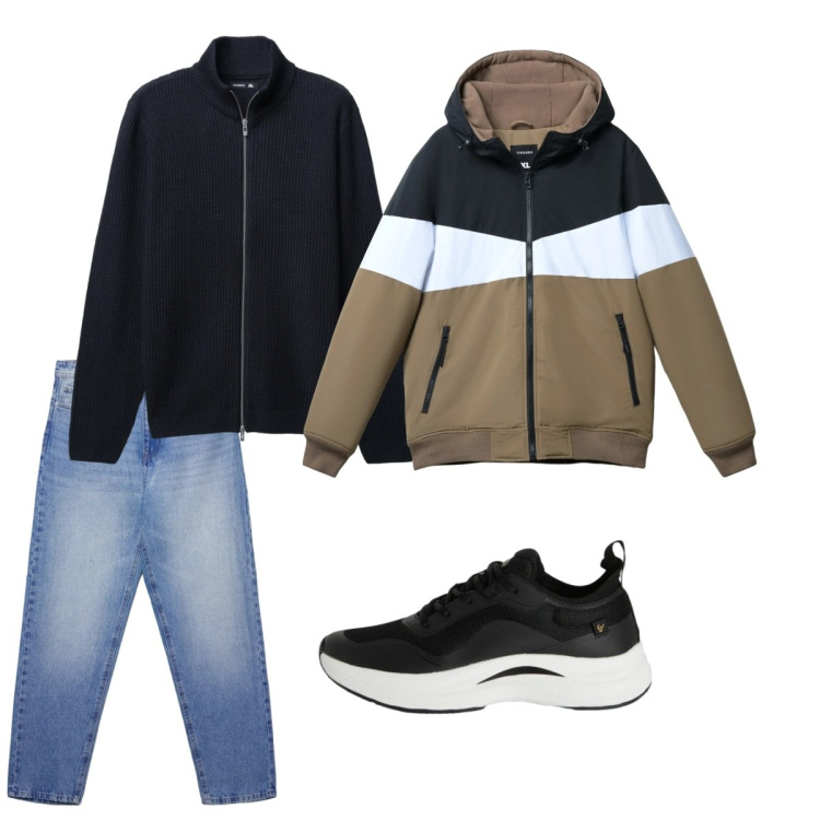 Outfit uomo - Febbraio. Stile Casual per Tutti i giorni. Abbinamento con piumini, jeans, cardigans, sneakers.