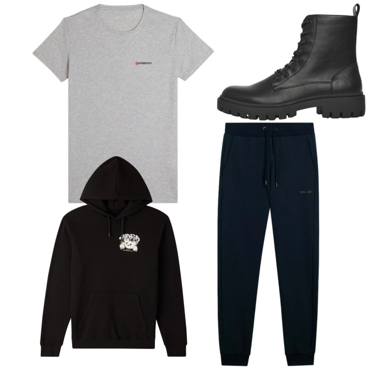 Outfit uomo - Total look #2345350. Stile Casual per Tutti i giorni. Abbinamento con anfibi, felpe con cappuccio, pantaloni, t-shirt sportive.