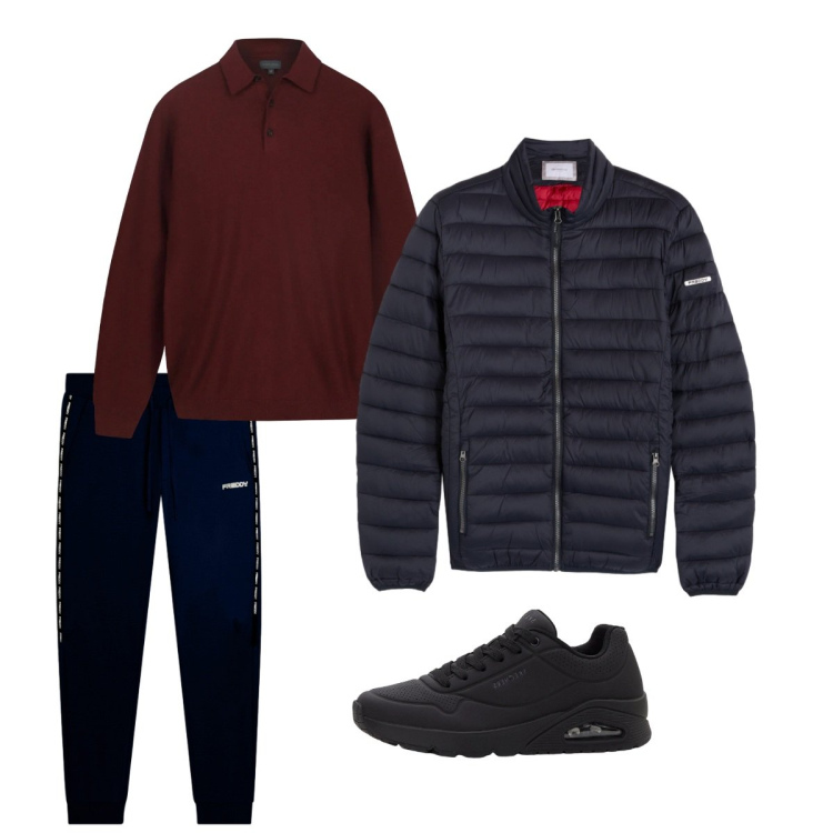 Outfit uomo - Febbraio. Stile Casual per Tutti i giorni. Abbinamento con sneakers, piumini, pantaloni, maglieria.