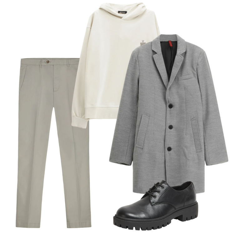 Outfit uomo - Febbraio. Stile Casual per Tutti i giorni. Abbinamento con scarpe stringate, felpe con cappuccio, cappotti, pantaloni chino.