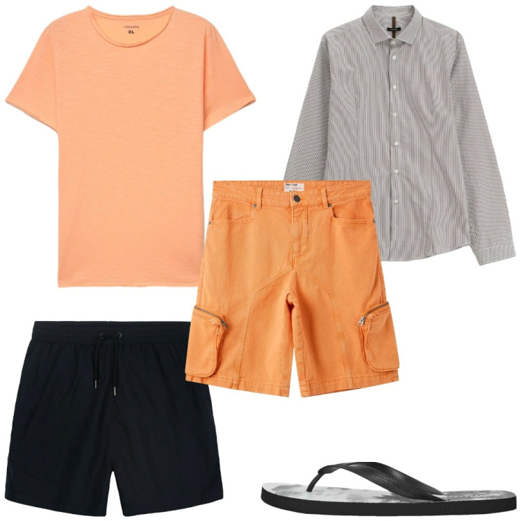Outfit uomo - Total look #2345357. Stile Trendy per Mare. Abbinamento con camicie, pantaloni corti, sandali, t-shirt, costumi.