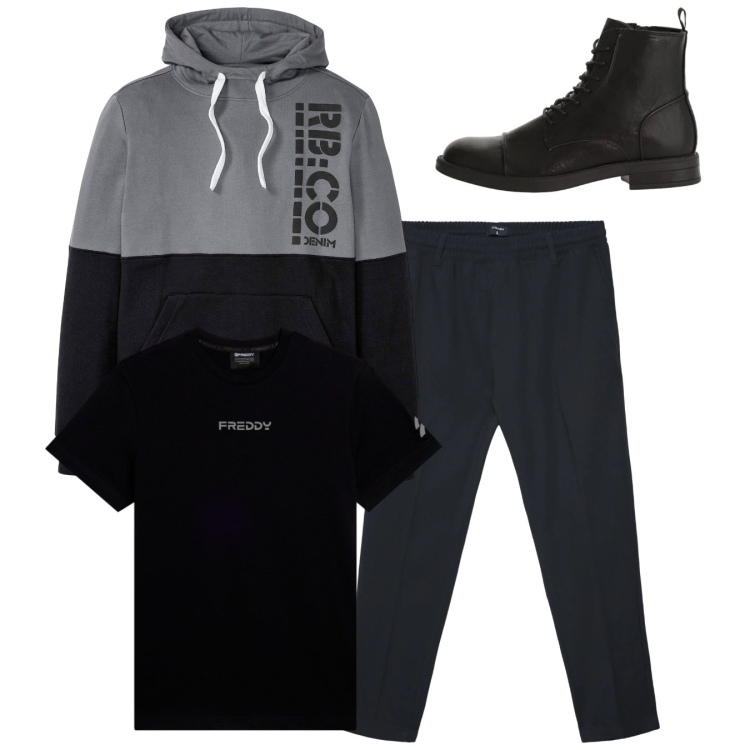 Outfit uomo - Total look #2345358. Stile Casual per Tutti i giorni. Abbinamento con felpe con cappuccio, pantaloni, anfibi, t-shirt.