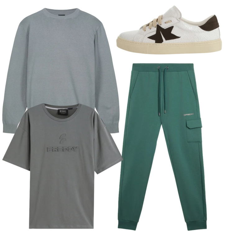 Outfit uomo - Total look #2345364. Stile Casual per Tutti i giorni. Abbinamento con sneakers, pantaloni cargo, t-shirt, maglieria.