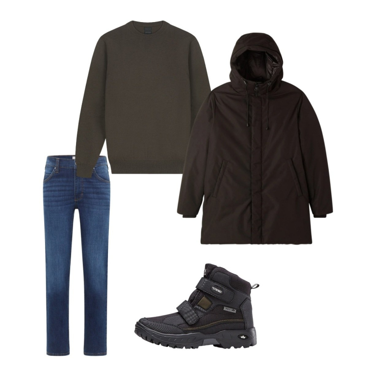 Outfit uomo - Febbraio. Stile Casual per Tutti i giorni. Abbinamento con stivali e stivaletti, jeans dritti, parka, maglieria.