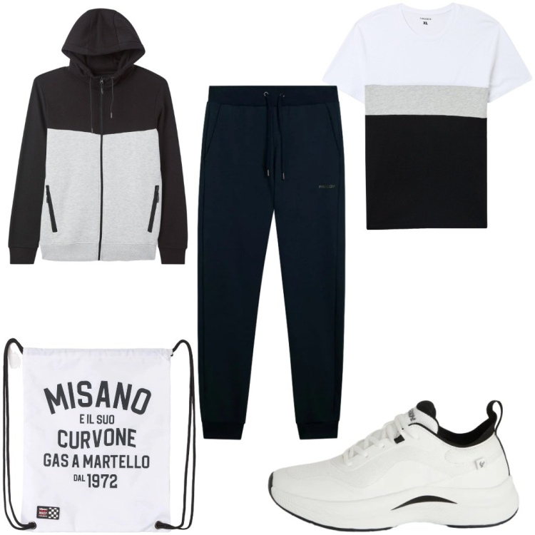 Outfit uomo - Total look #2345366. Stile Trendy per Sport. Abbinamento con borse sportive, t-shirt, felpe sportive, pantaloni, sneakers.