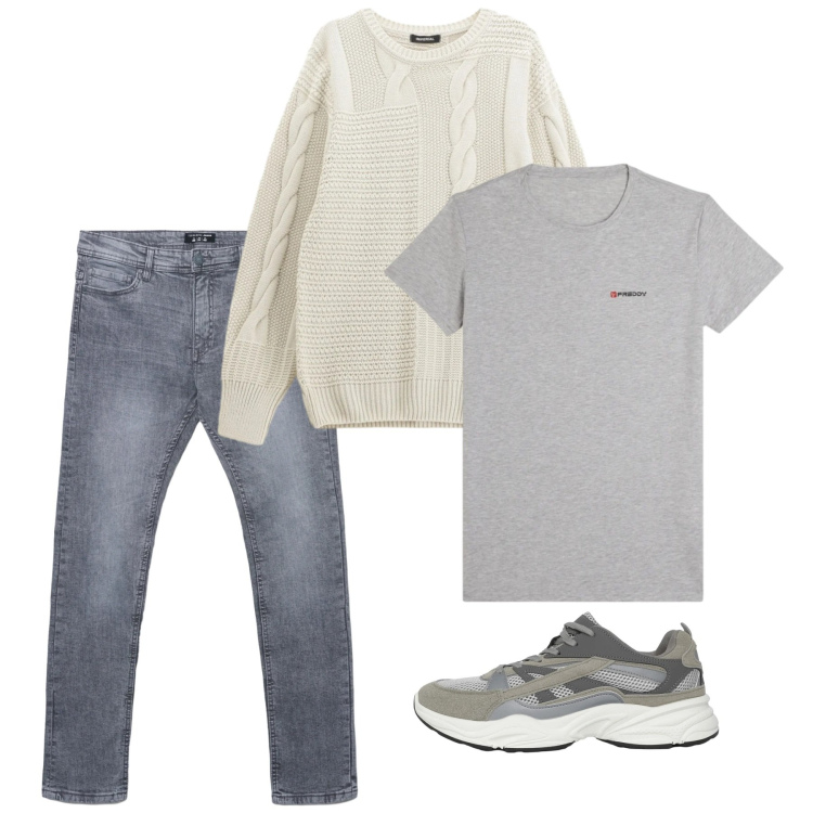 Outfit uomo - Febbraio. Stile Casual per Tutti i giorni. Abbinamento con sneakers, jeans skinny, maglieria, t-shirt sportive.