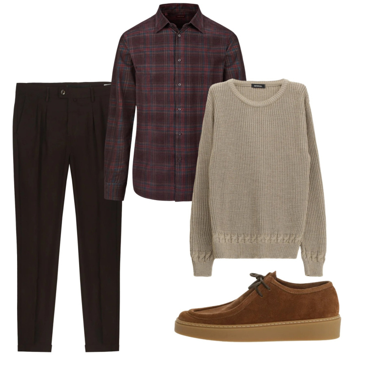 Outfit uomo - Febbraio. Stile Casual per Tutti i giorni. Abbinamento con maglieria, scarpe stringate, camicie, pantaloni.