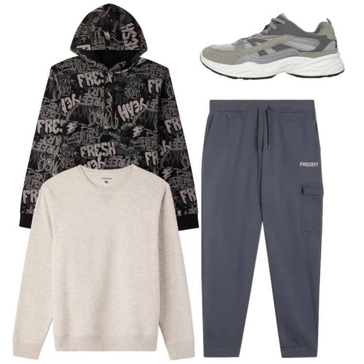 Outfit uomo - Total look #2345371. Stile Casual per Tutti i giorni. Abbinamento con sneakers, felpe con cappuccio, felpe, pantaloni cargo.