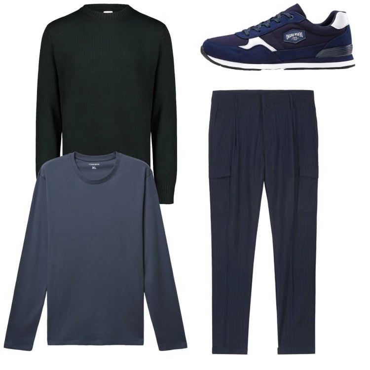 Outfit uomo - Total look #2345374. Stile Casual per Tutti i giorni. Abbinamento con sneakers, t-shirt, pantaloni cargo, maglieria.